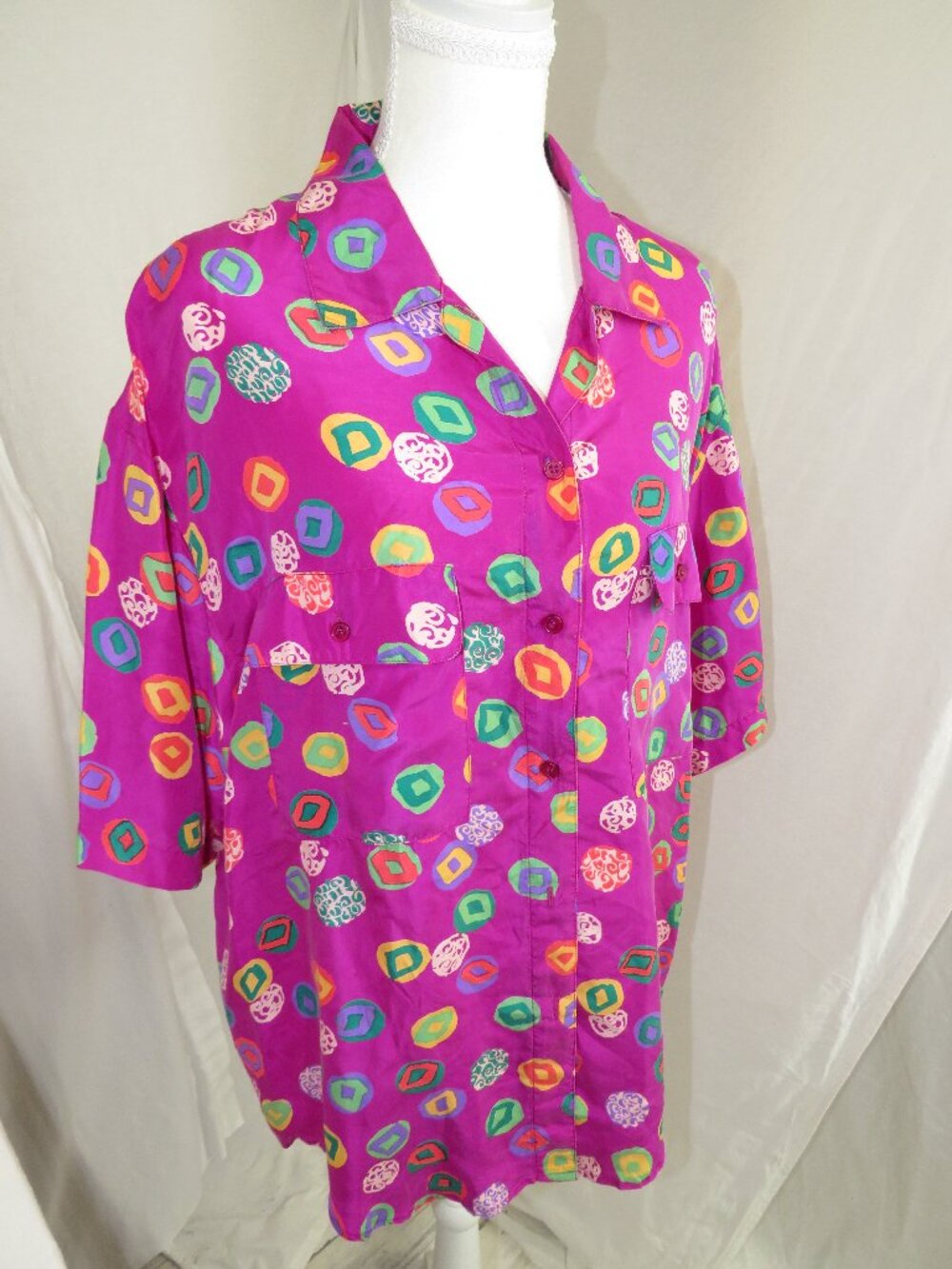 Vintage Swell 100% Silk Statement Print Button‑Down Shirt – Magenta Geometric Lg